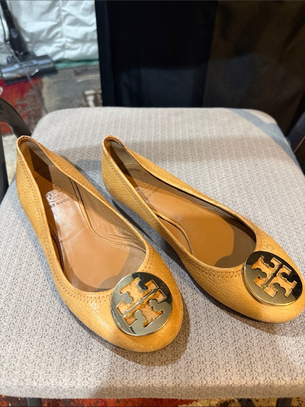 Tory Burch Mustard Leather Logo Round-Toe Flats